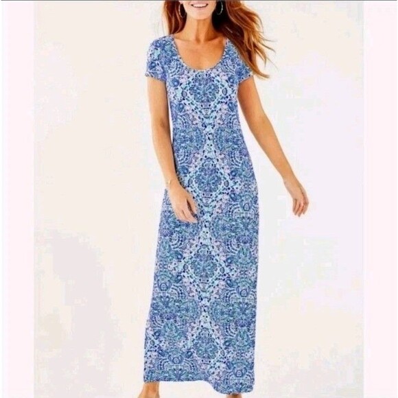 Lilly Pulitzer Wynne Maxi Dress Resort White Call My Shell Phone Blue Printed M - Picture 1 of 7
